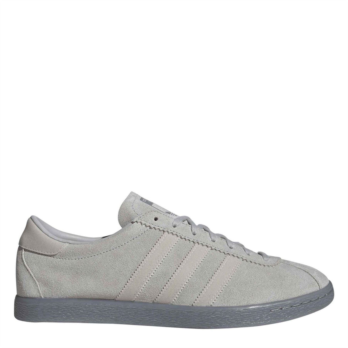 Adidas Originals suede trainers in light grey, lace-up with three stripe panels