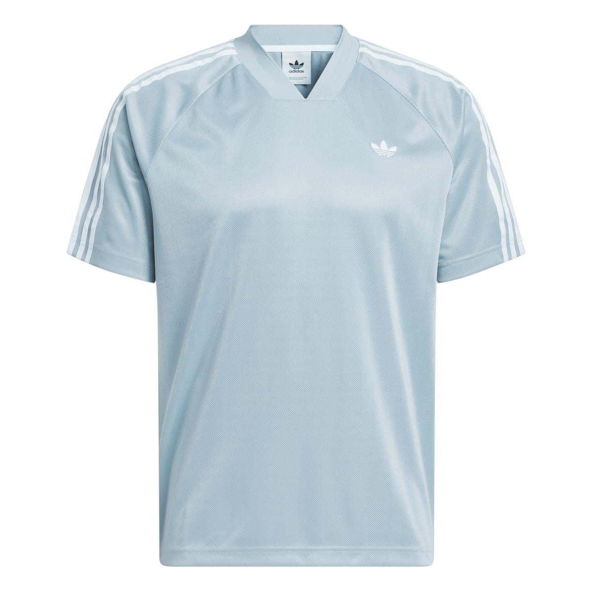 Light blue herringbone jersey T-shirt with V-neck, shoulder stripes, and trefoil logo