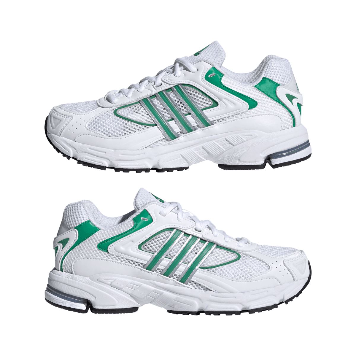 White and green lace-up trainers shown in top and angled views with black outsole