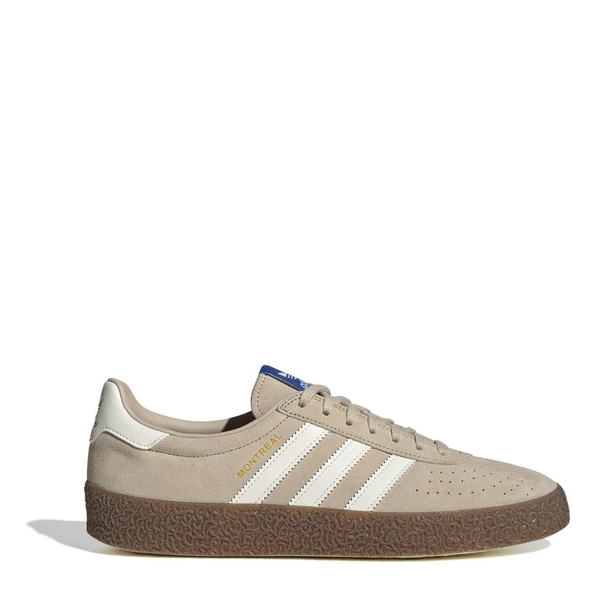 adidas Montreal trainers in light beige suede with white three stripes and gum sole