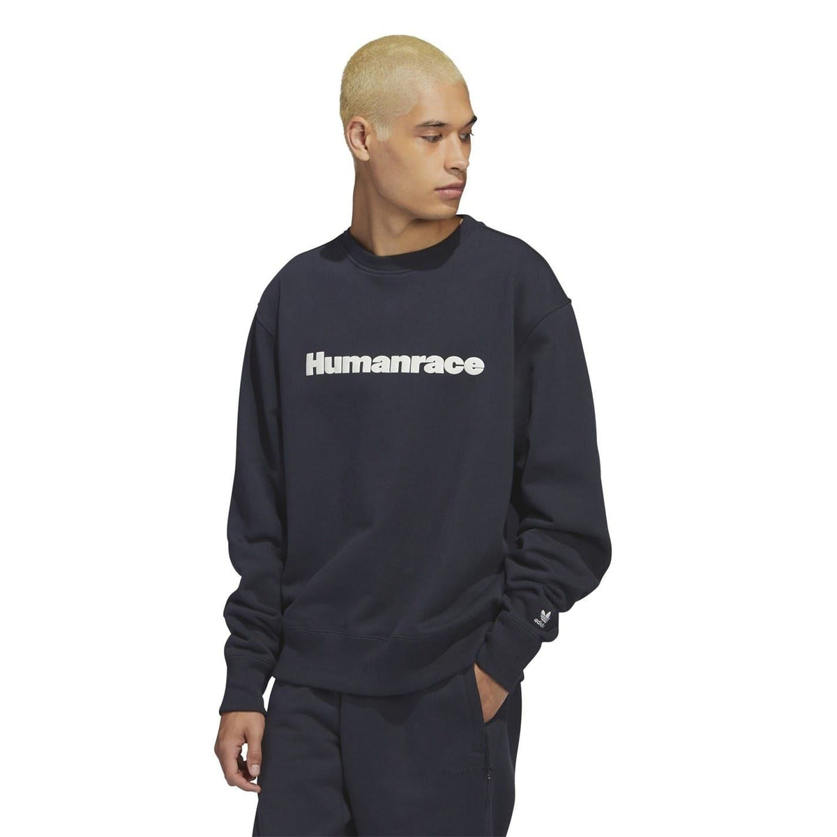 Dark navy relaxed-fit crewneck sweatshirt with “Humanrace” logo on the chest.