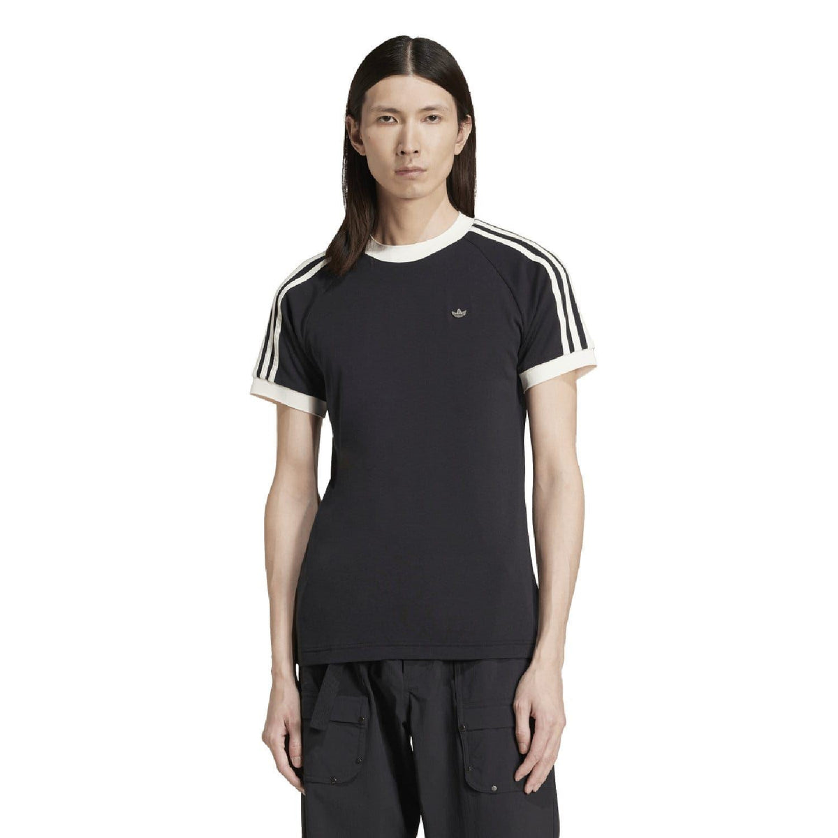 Black adidas Originals T-shirt with raglan sleeves, white three-stripe detailing and trefoil logo