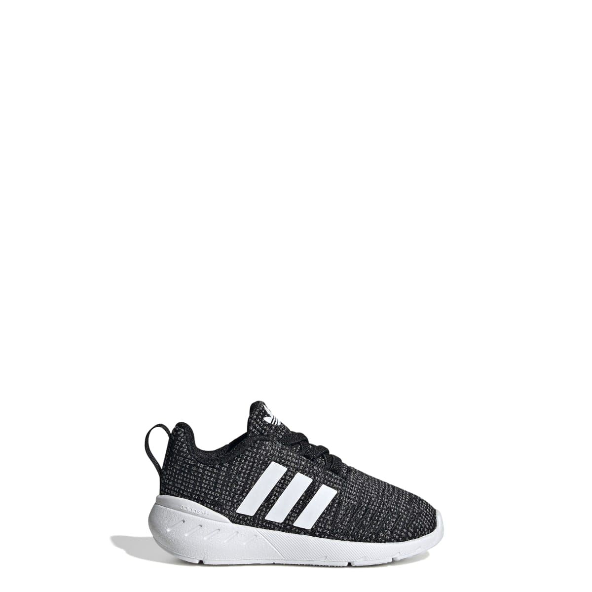 Infant black knit sneakers with three white stripes, white sole, and lace-up front