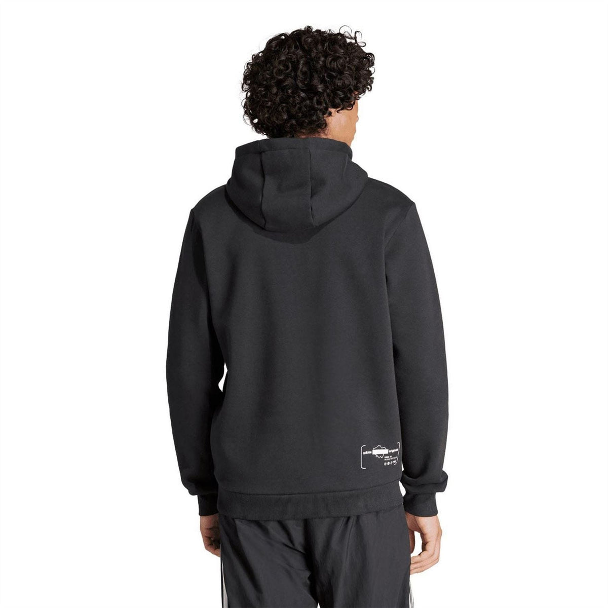 Black adidas Originals hoodie back view with hood and small lower hem graphic