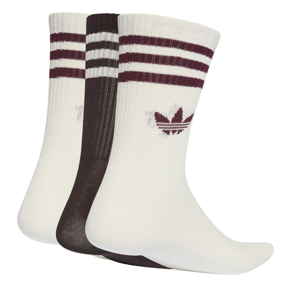 3-pack crew socks, white base with burgundy and black stripes, adidas logo on side