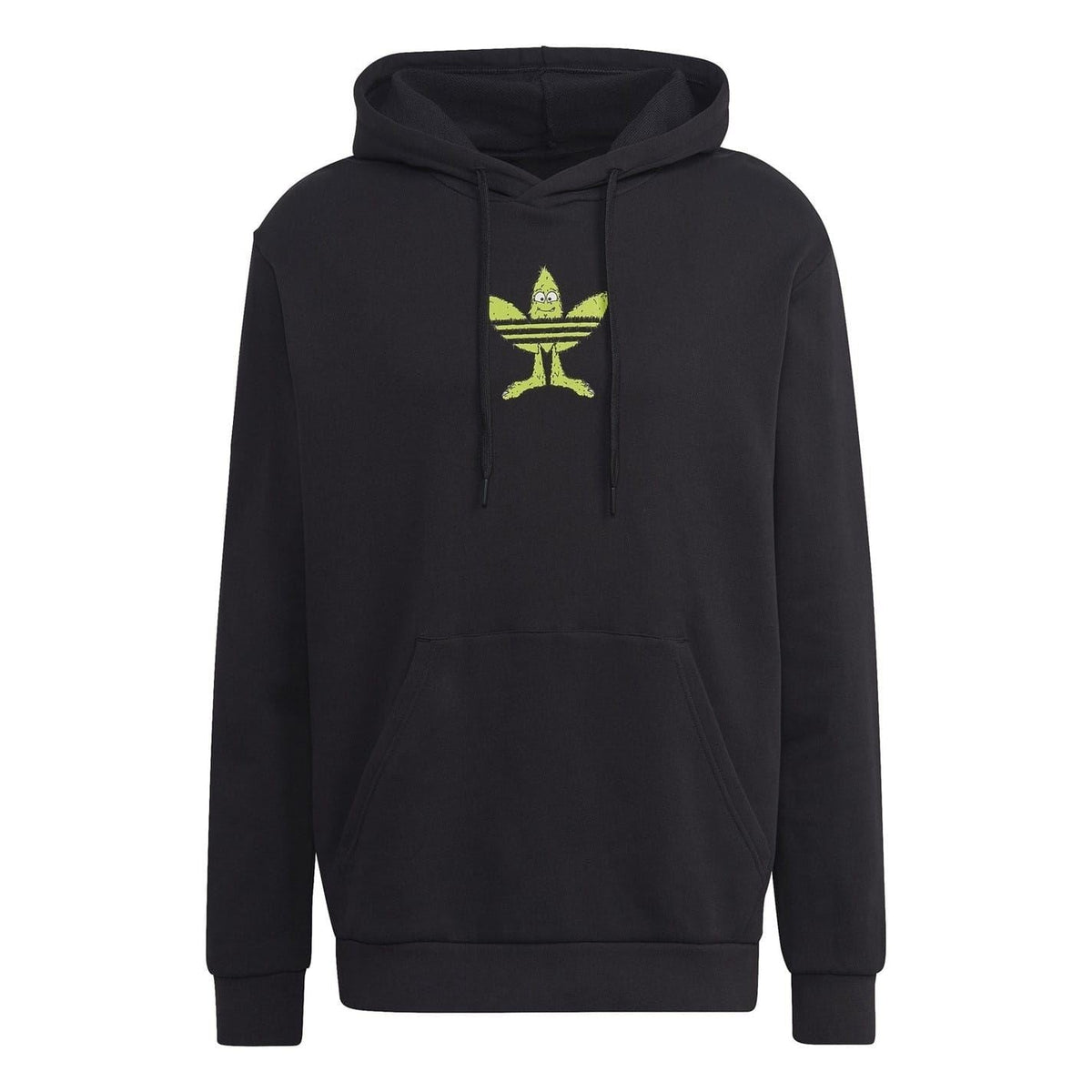 Black hooded sweatshirt with drawstring hood, kangaroo pocket, green trefoil logo.
