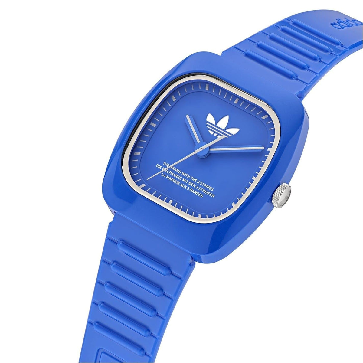 Blue adidas analog watch with textured silicone strap, square dial and striped bezel