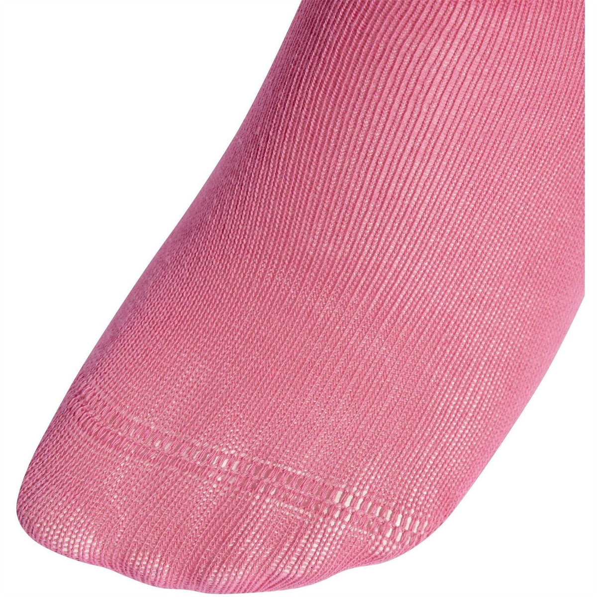 Pink crew sock with ribbed knit texture and rounded toe.