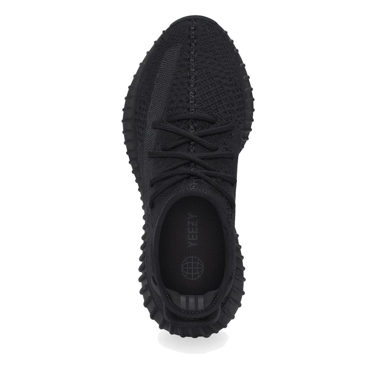 Black knit low-top sneaker with lace-up front and 'YEEZY' on insole