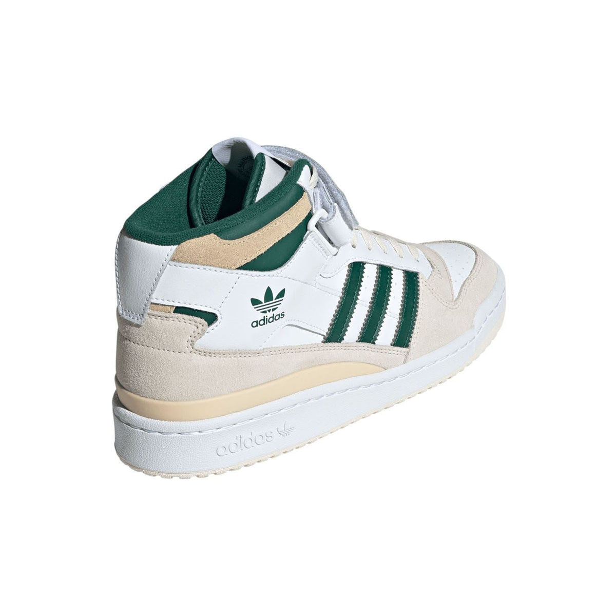 White adidas mid-top sneakers with green lining and heel panel detail