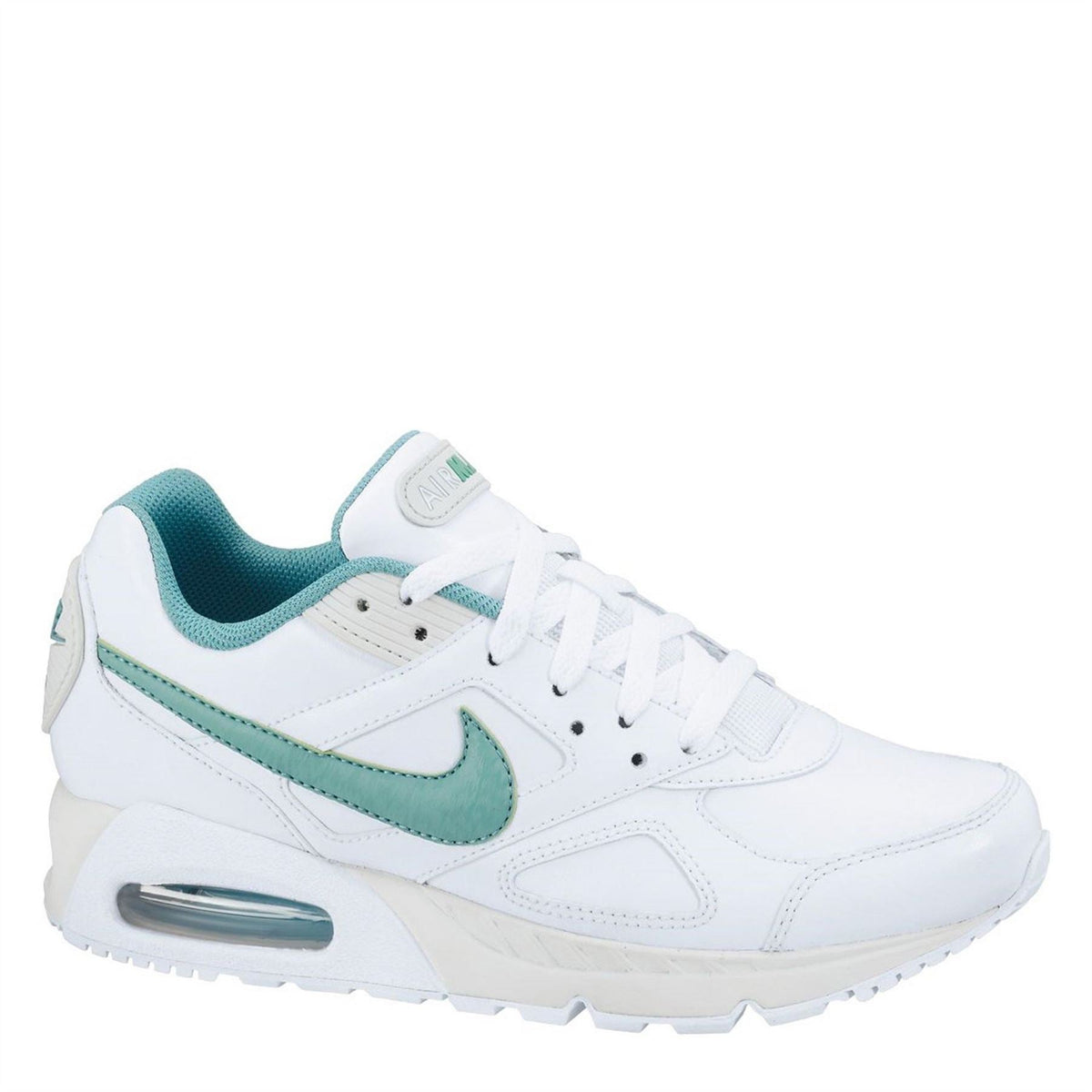 White Nike Air Max Ivo athletic shoes with teal swoosh and air unit window