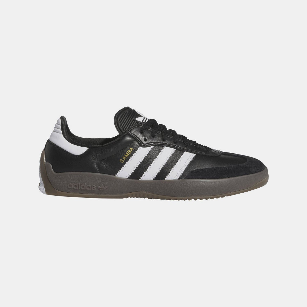 Black Samba-style trainers with white triple stripes and gum rubber sole
