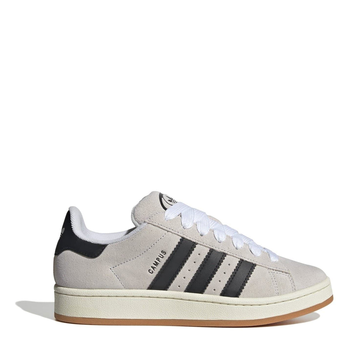 adidas Campus trainers in light grey with black stripes and white laces