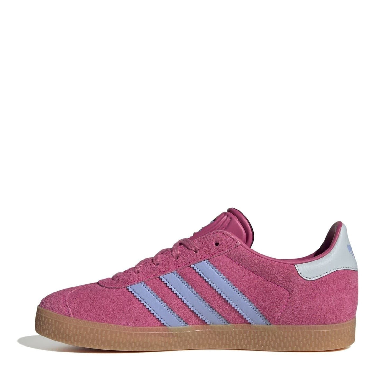 Adidas Originals junior lace-up sneakers, pink suede, light blue stripes, gum sole