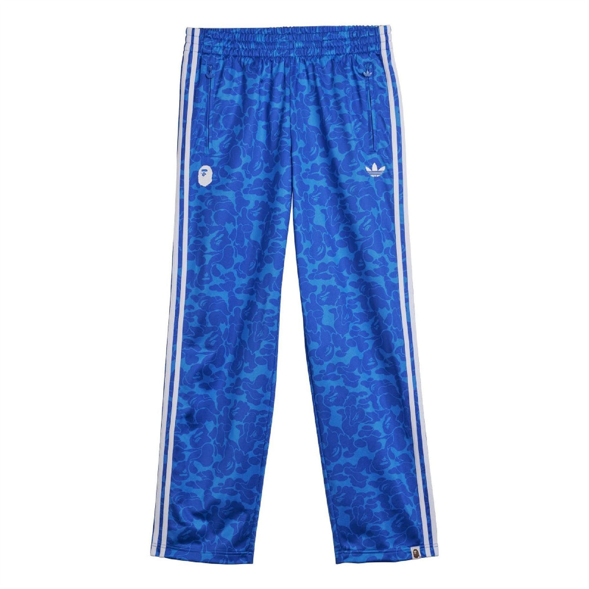 Blue camo track pants with elastic waist and white side triple stripes, ankle length