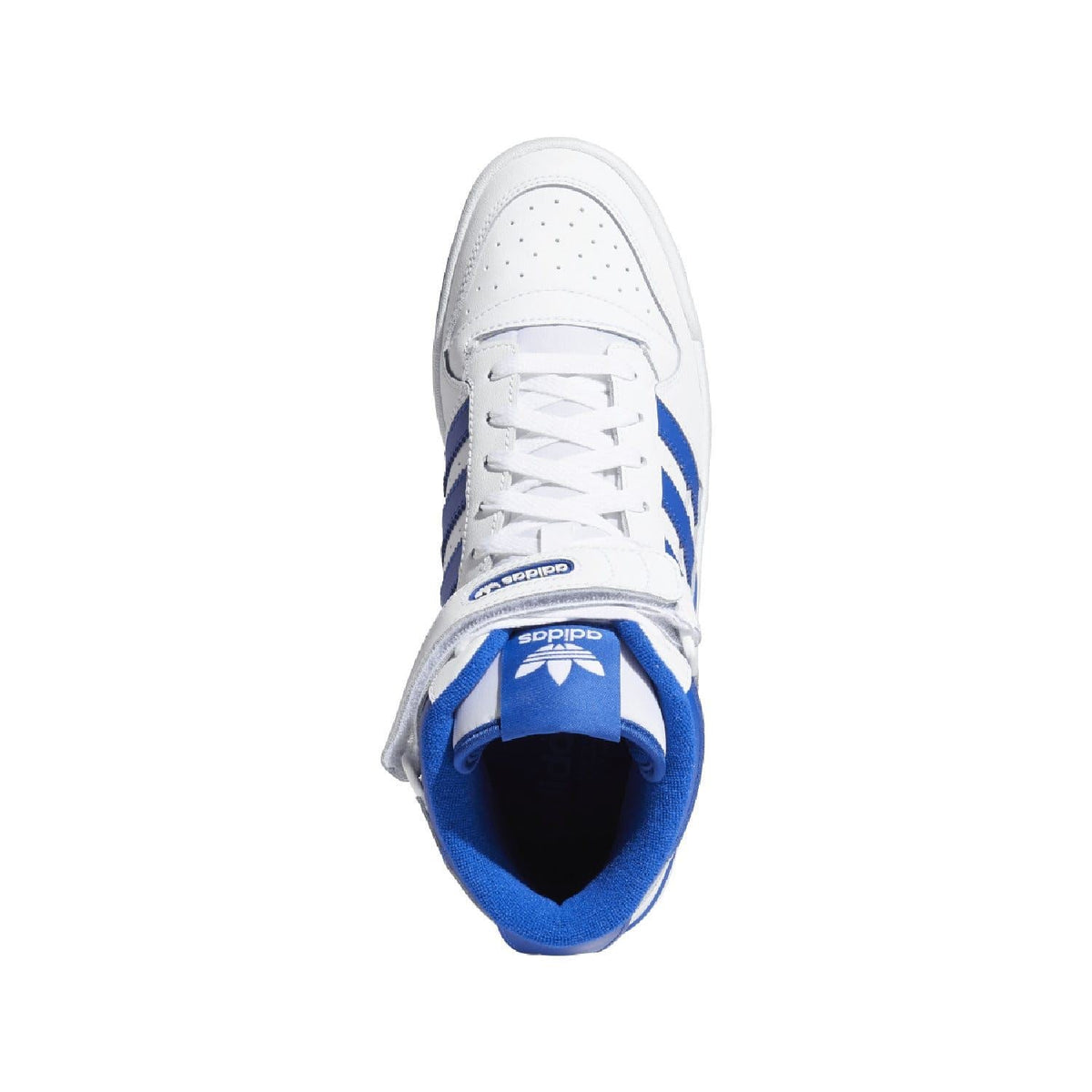White and blue mid-top trainers, lace-up tongue with padded blue collar