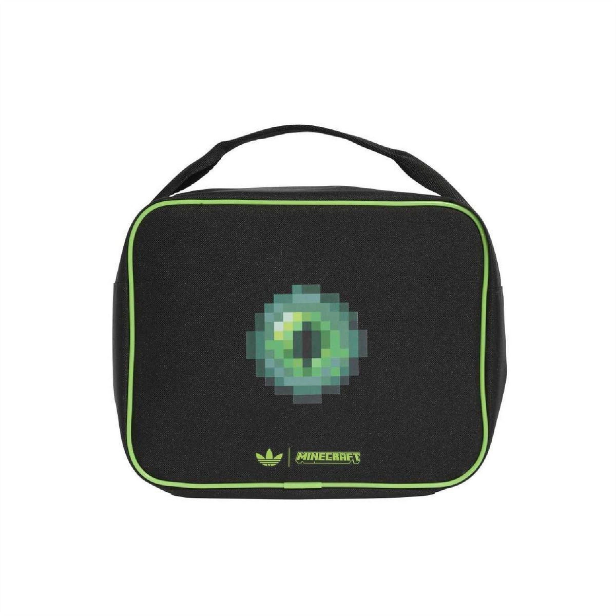 adidas Originals kids lunchbag, black with neon-green piping and Minecraft pixel emblem