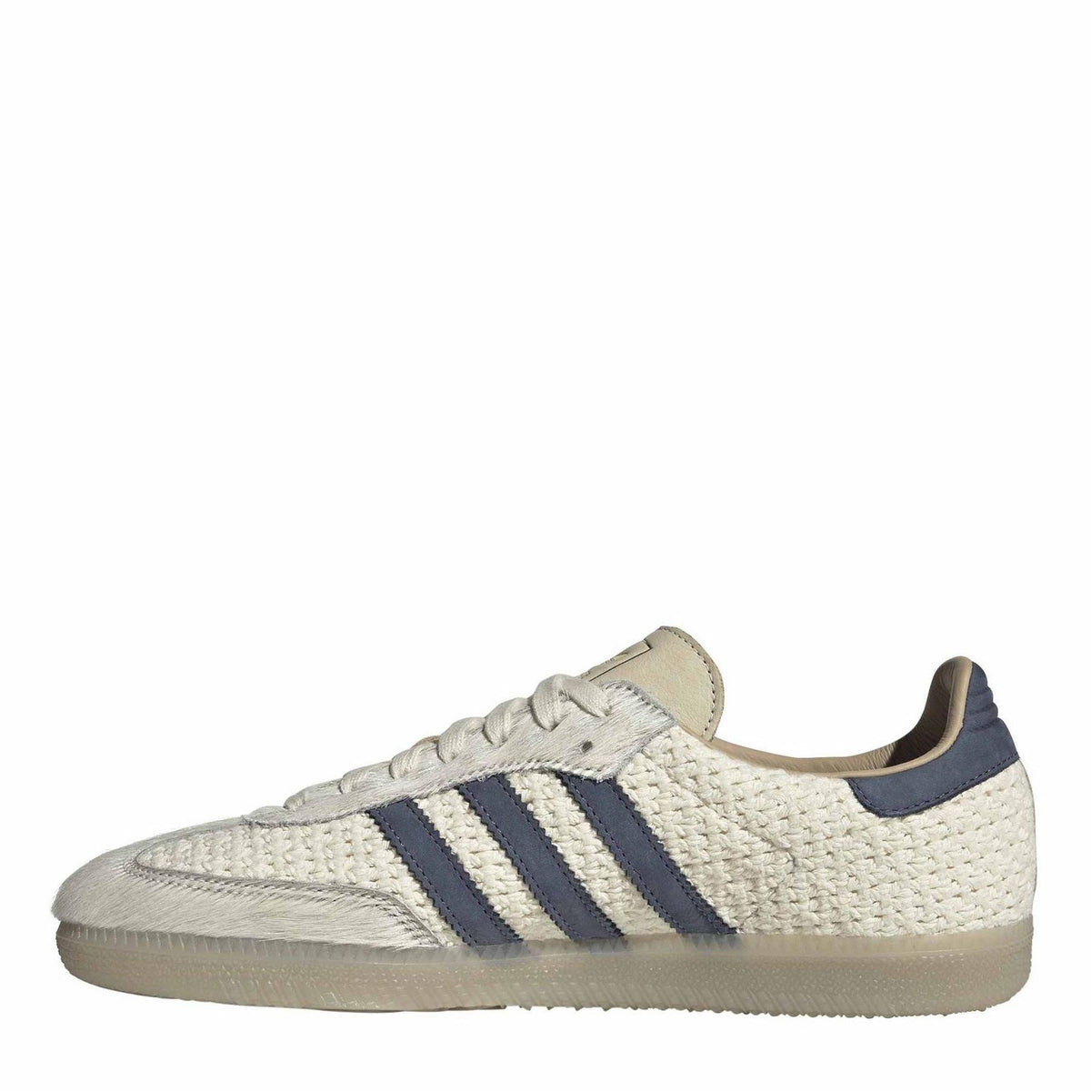 Cream woven lace-up sneakers with navy stripes and beige rubber sole