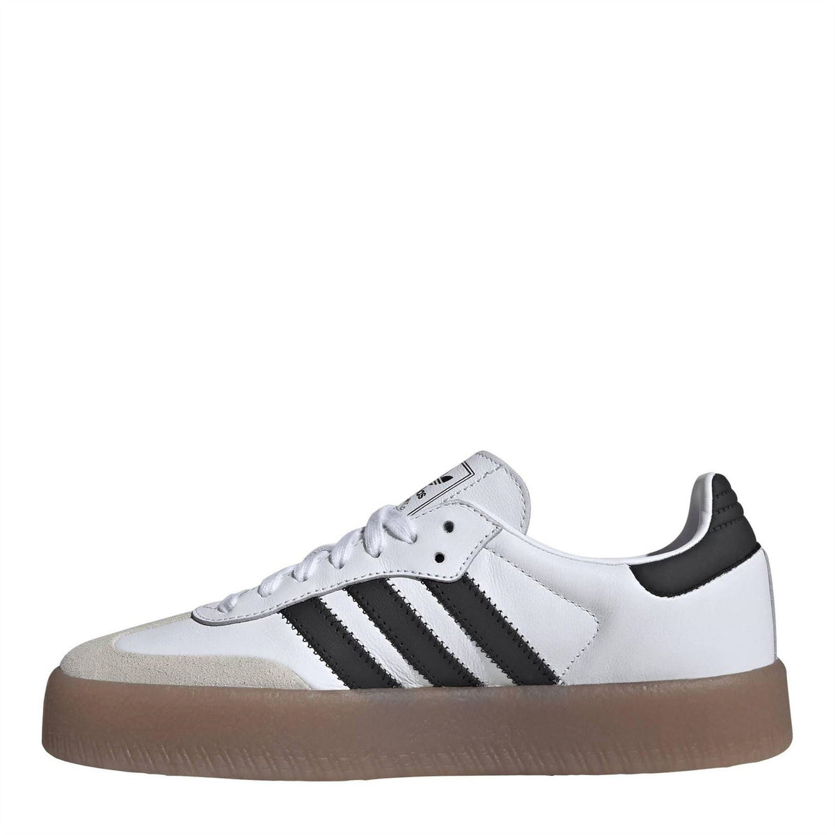 adidas Originals Samba sneakers in white, black triple stripes, tan/gum platform sole