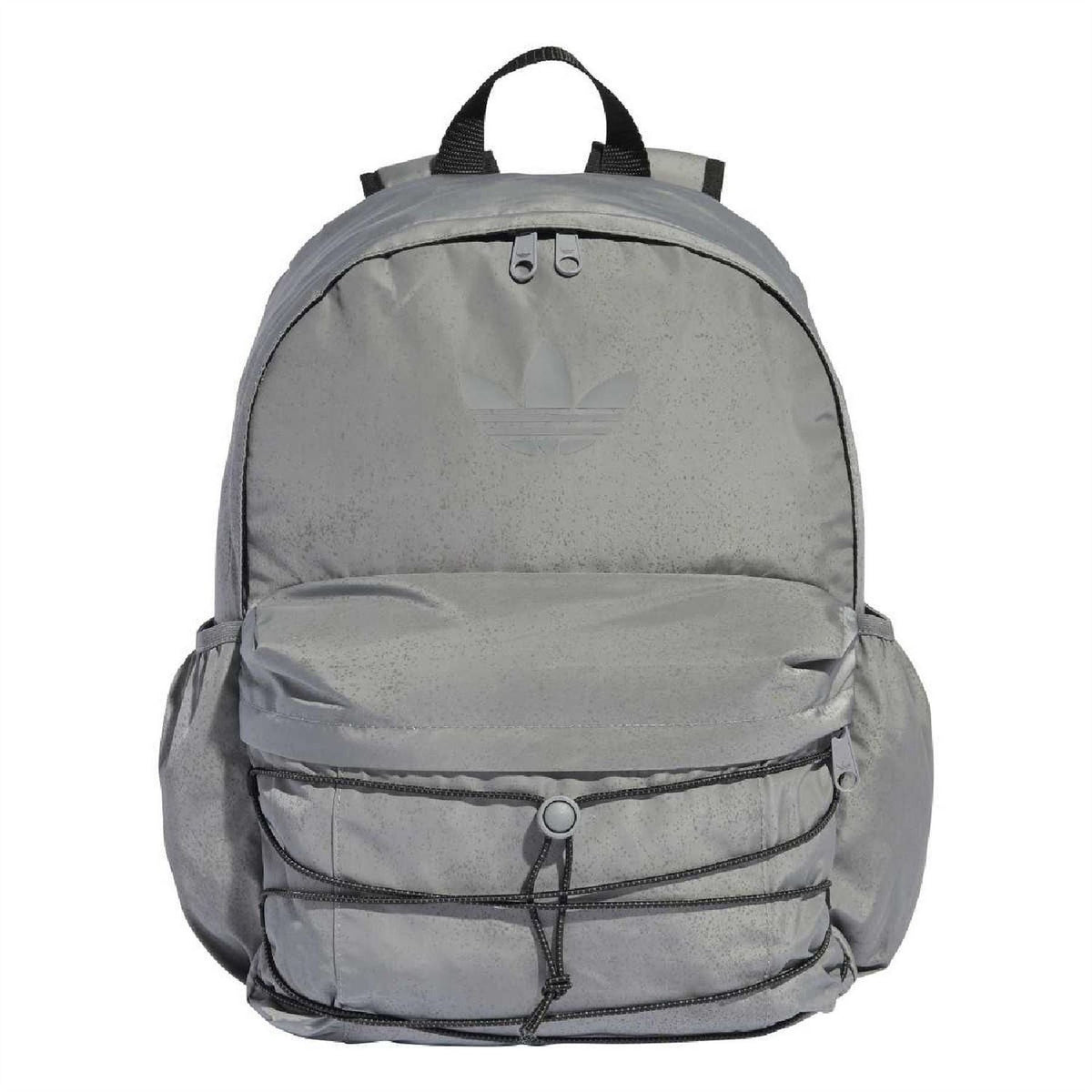 Reflective silver-gray adidas Originals-style backpack with front zip pocket and top handle