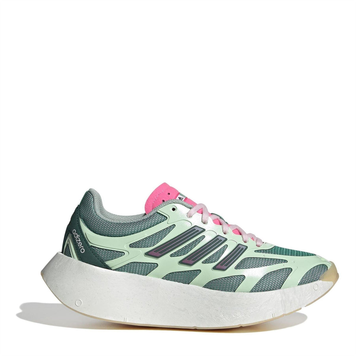 Green and pink low-top lace-up sneakers with chunky white midsole