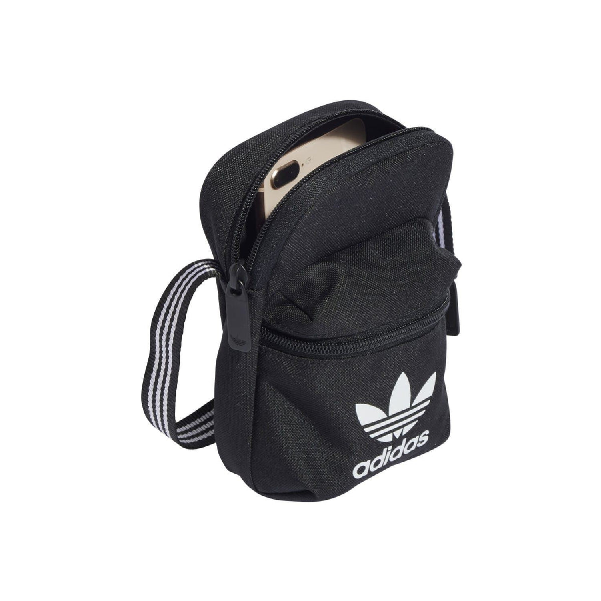 Black adidas Originals festival bag with top handle and front zip pocket, logo detail