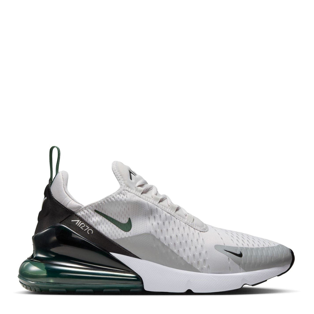 Nike Air Max 270 trainer in light grey with black accents and green air unit