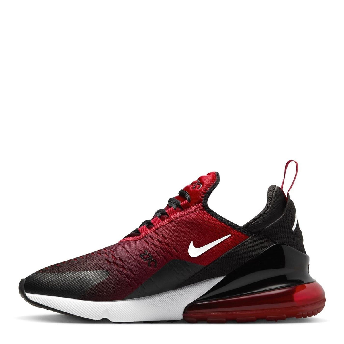 Maroon and black Air Max 270 trainers with white midsole and red Air unit