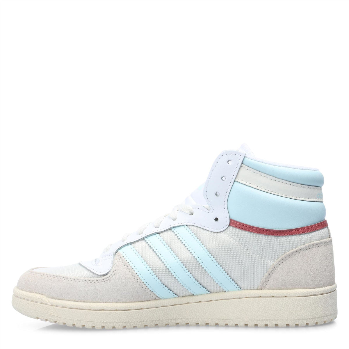 Light blue and white high-top sneaker with ankle strap, lace-up front, rubber sole