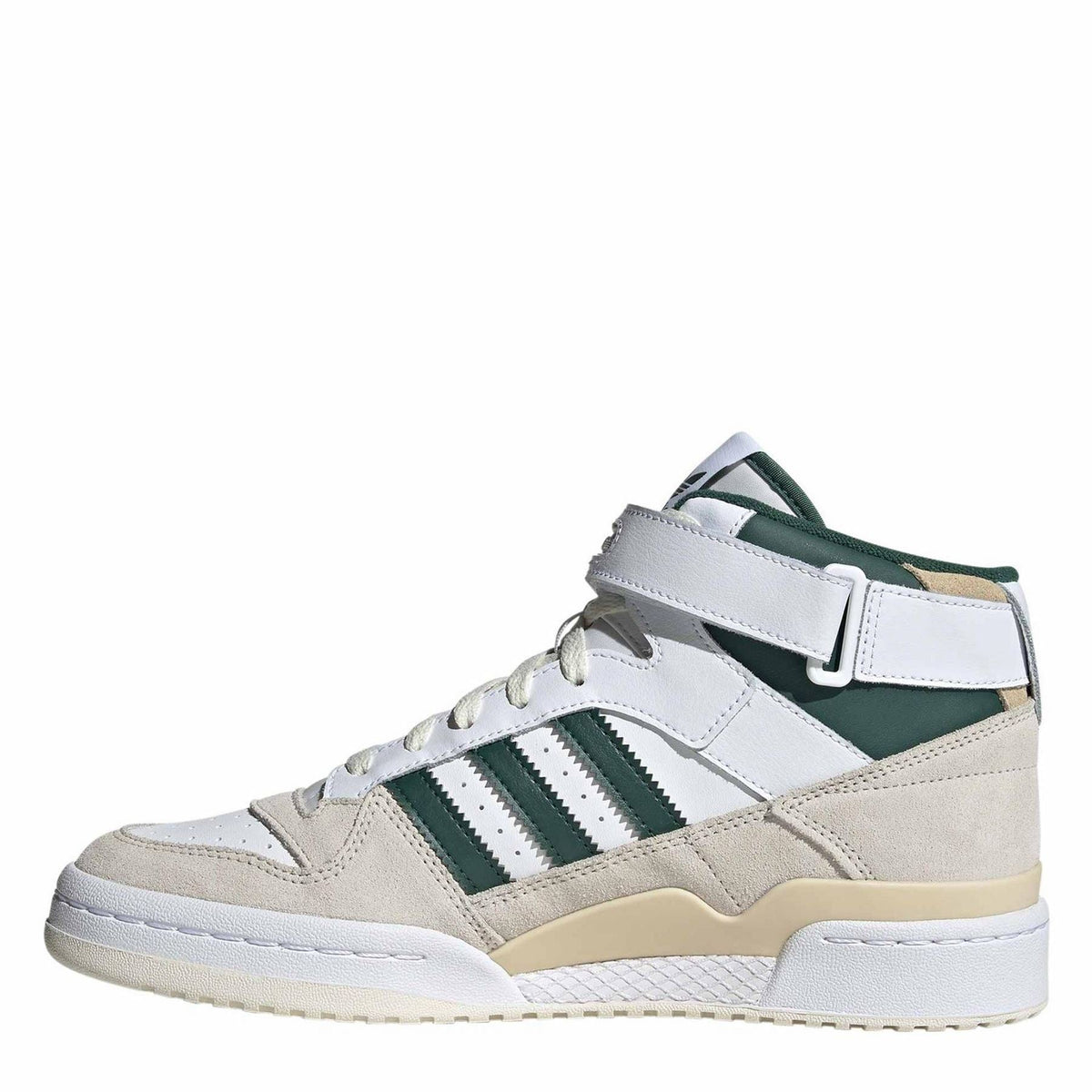 Mid-top sneakers with white leather, green triple stripes, beige side panels, lace-up