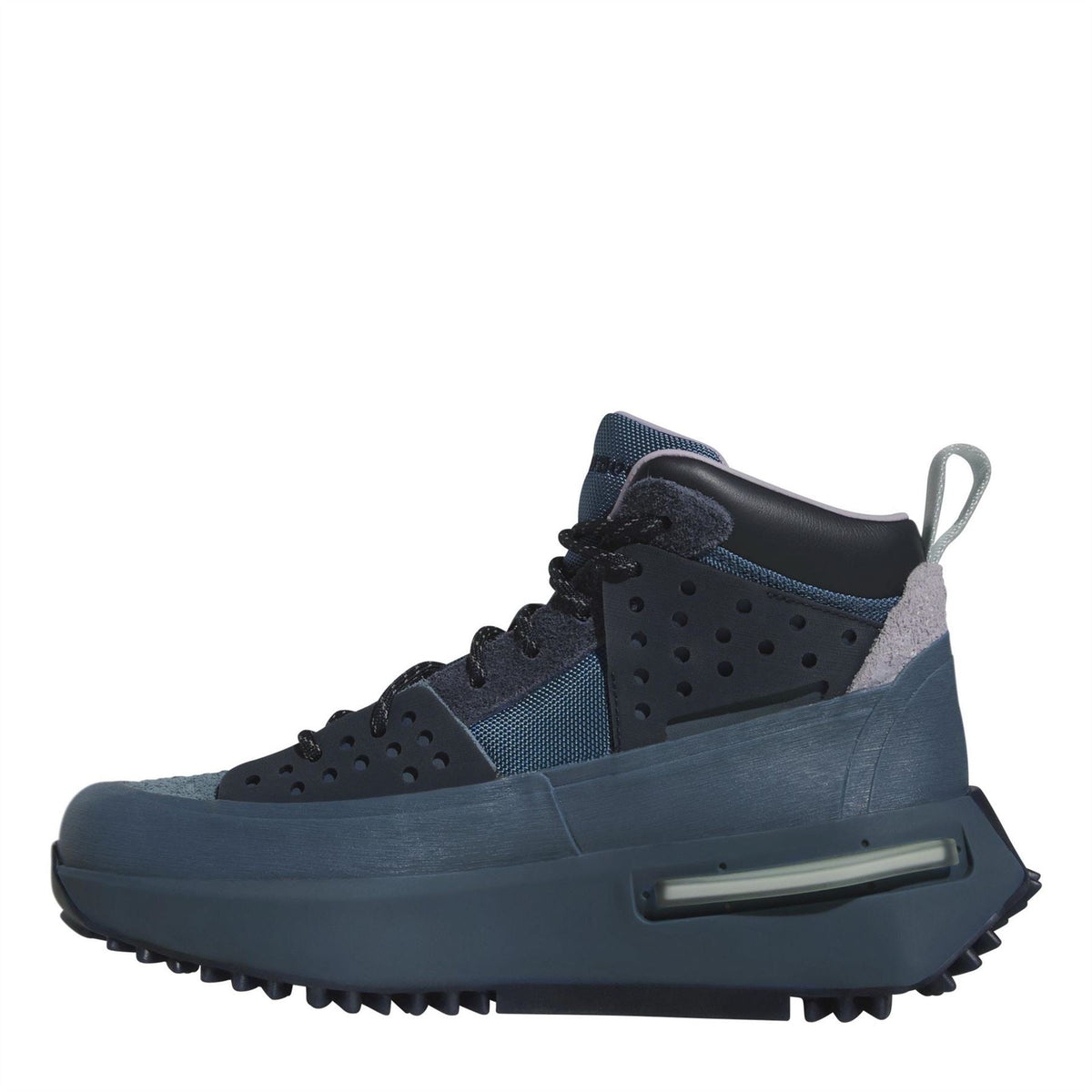 Blue lace-up high-top sneaker with perforated panels and visible air-cushion window.
