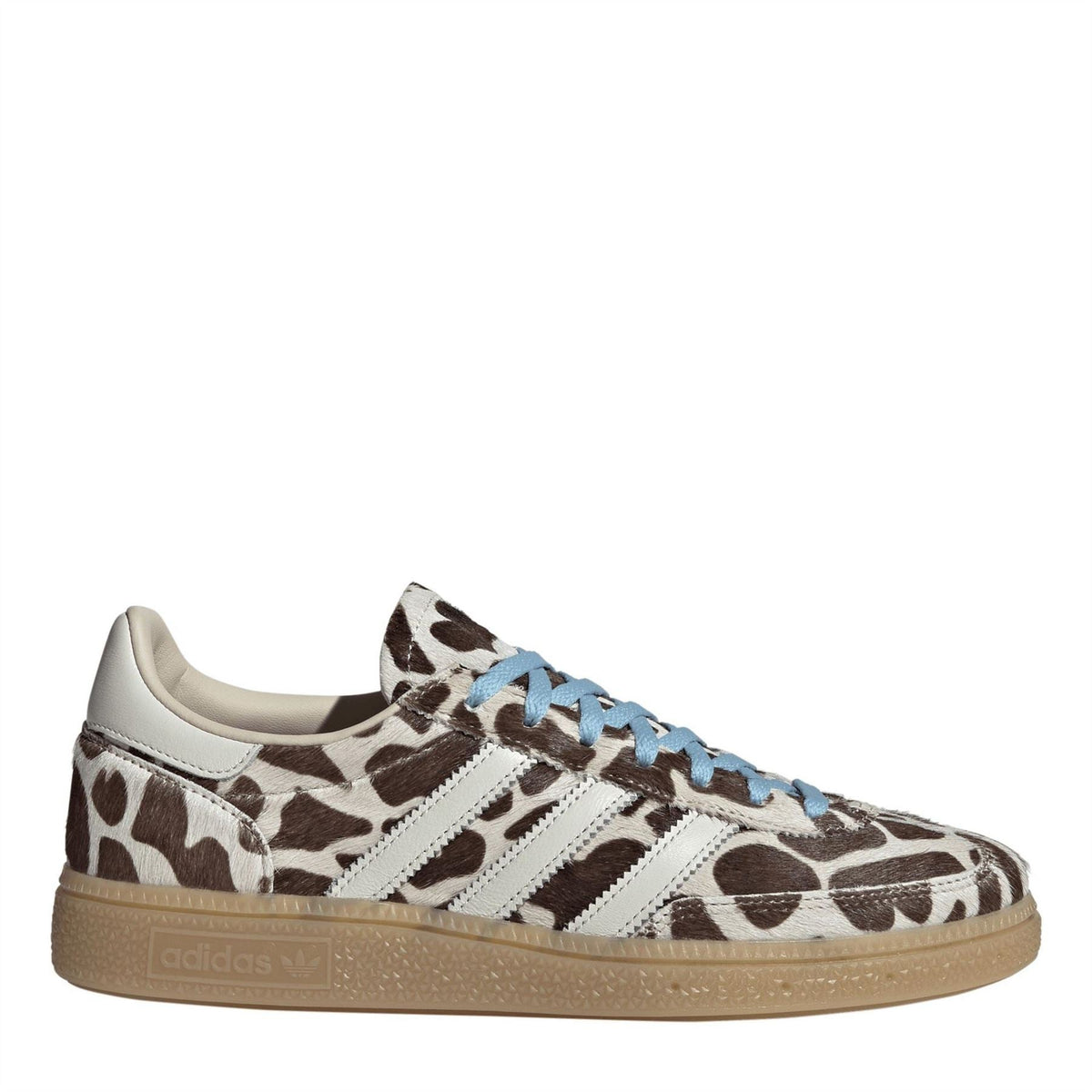 Women's Handball Spezial sneaker, leopard print with light blue laces and tan sole