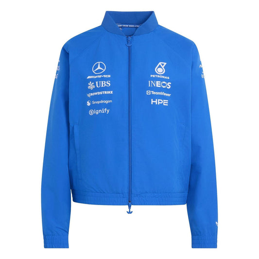 adidas Originals Mercedes track jacket in blue, full-zip with stand collar, front logos