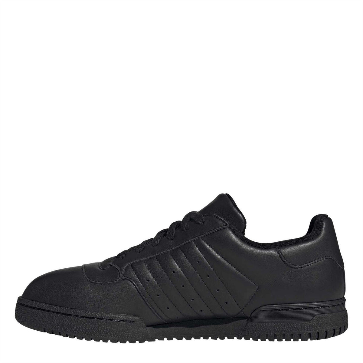 Black adidas low-top sneakers with lace-up closure and three stripe side detail