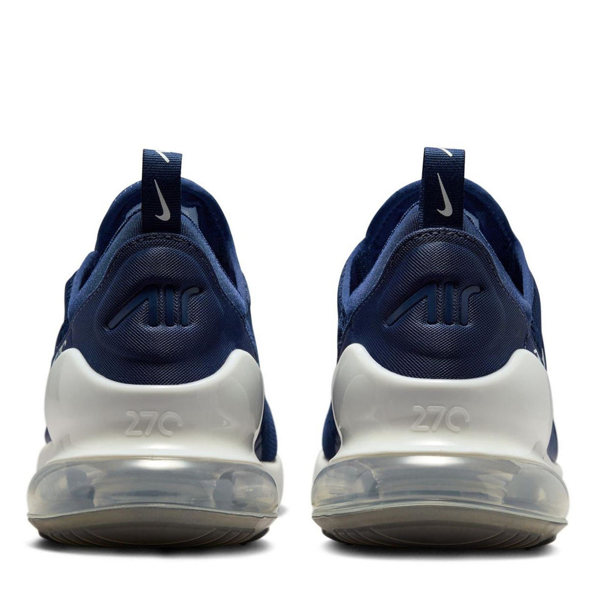 Nike Air Max 270 men's trainers heel view, navy blue with clear air window and 270 detail
