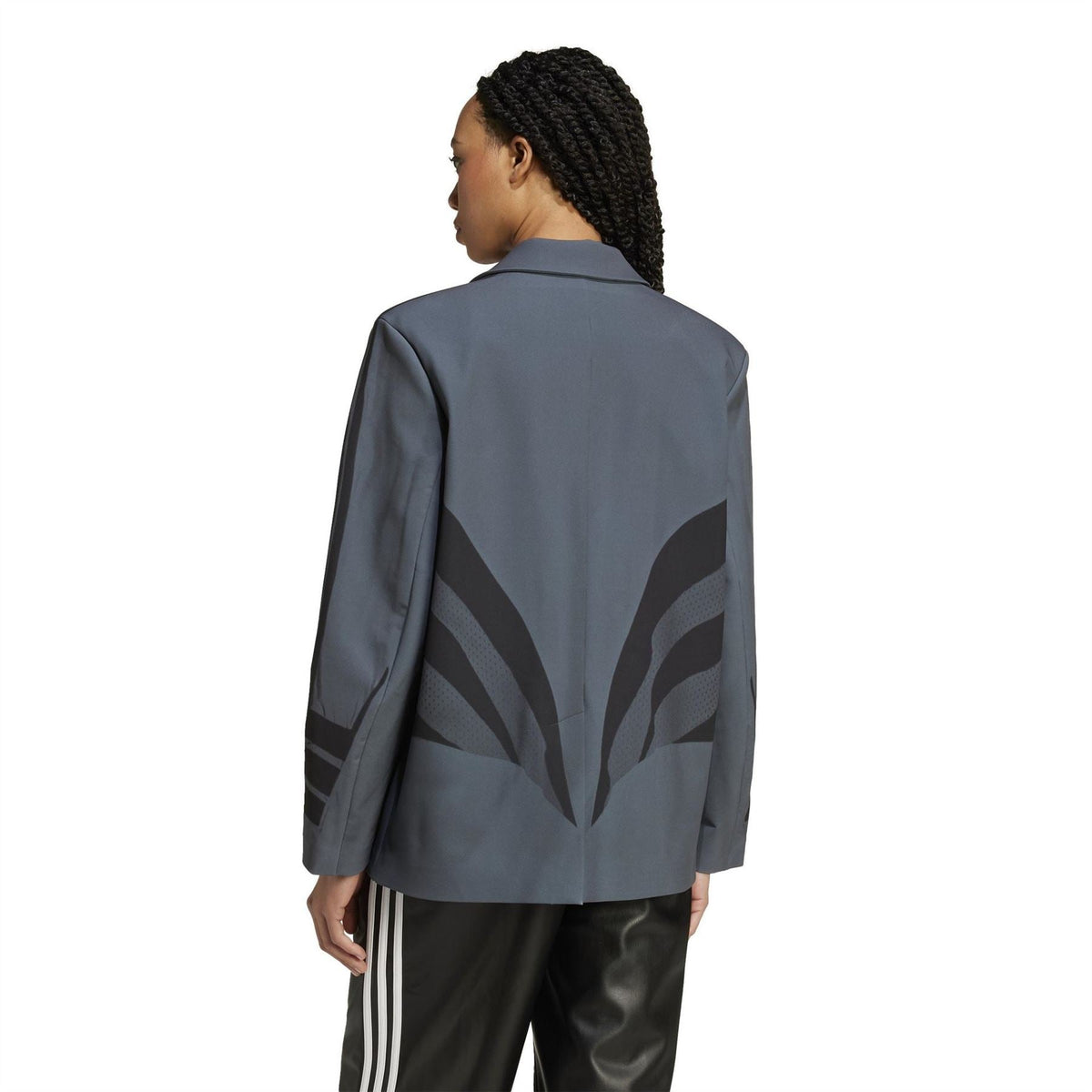 Carbon blue-gray blazer with zebra-style back panel graphic, long sleeves
