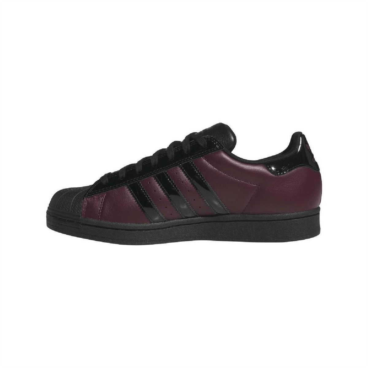 Maroon adidas low-top sneakers with black triple stripes and black lace-up closure