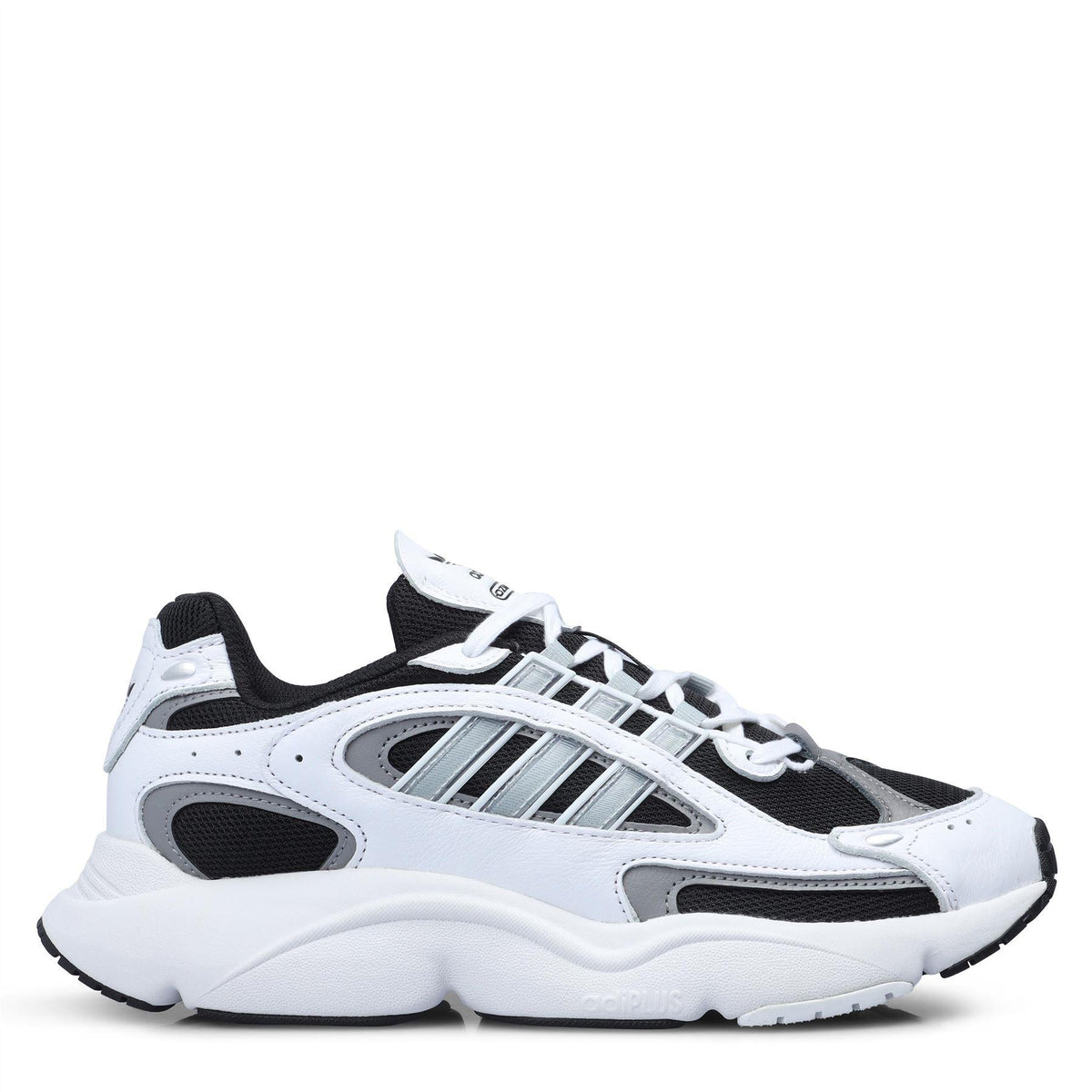 White and black retro-style sneakers with lace-up closure, cushioned sole, adidas stripes