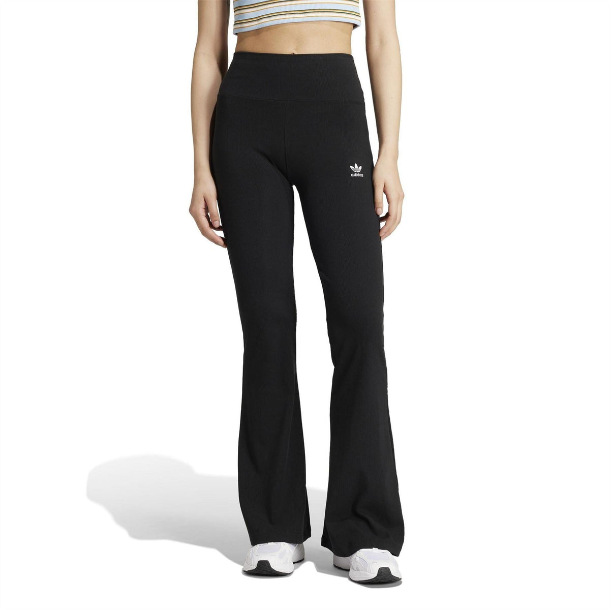 Black flared pants leggings with trefoil logo on right thigh