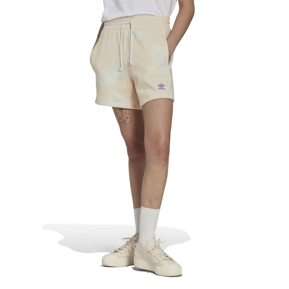 Cream sweat shorts with drawstring and adidas Originals trefoil logo at left hem