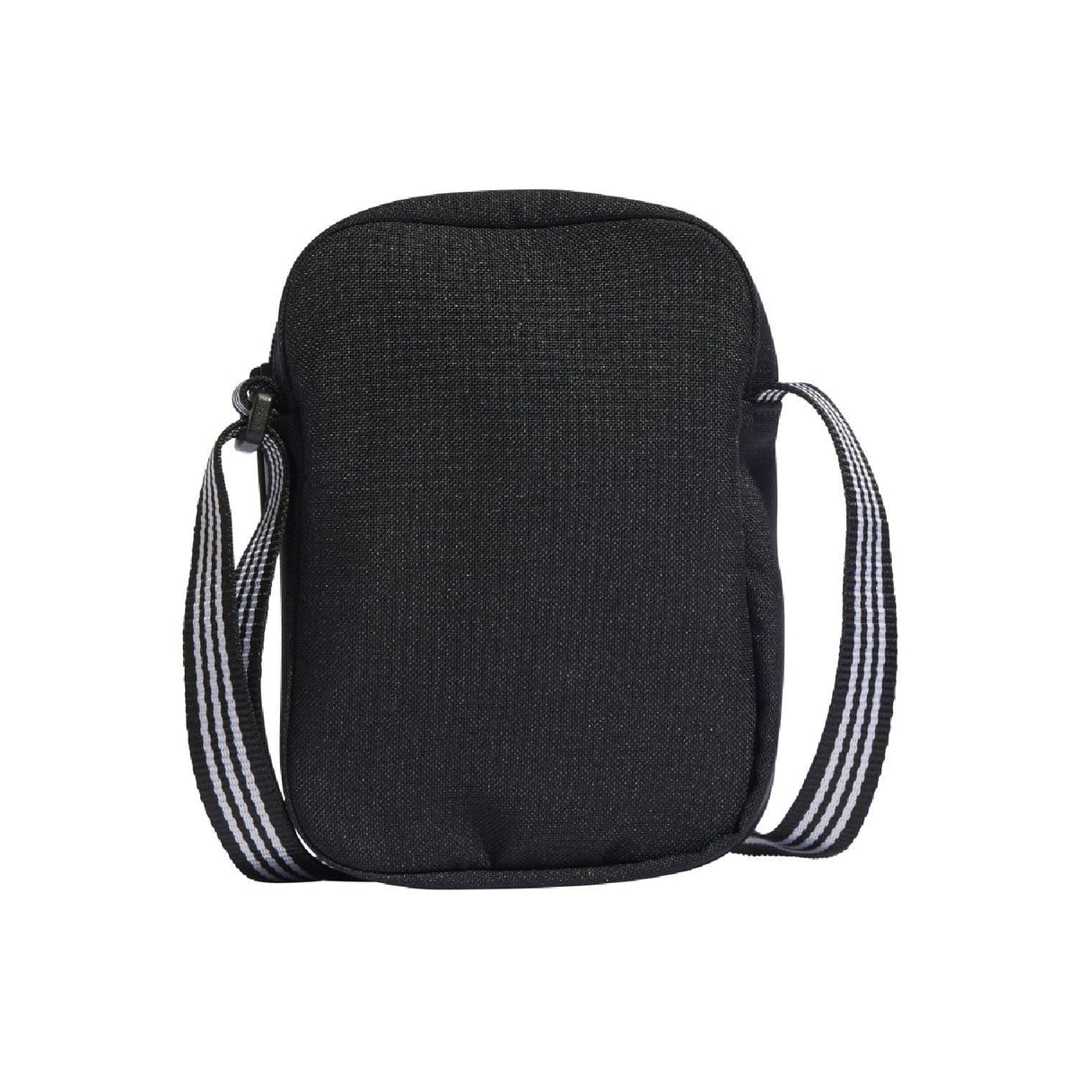 Black adidas Originals festival bag, front view with zip closure and crossbody strap