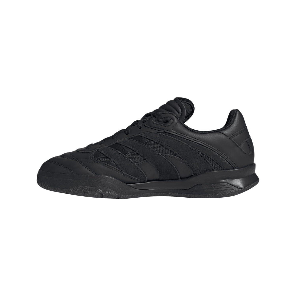 Black lace-up trainers with side stripe detailing and smooth toe cap