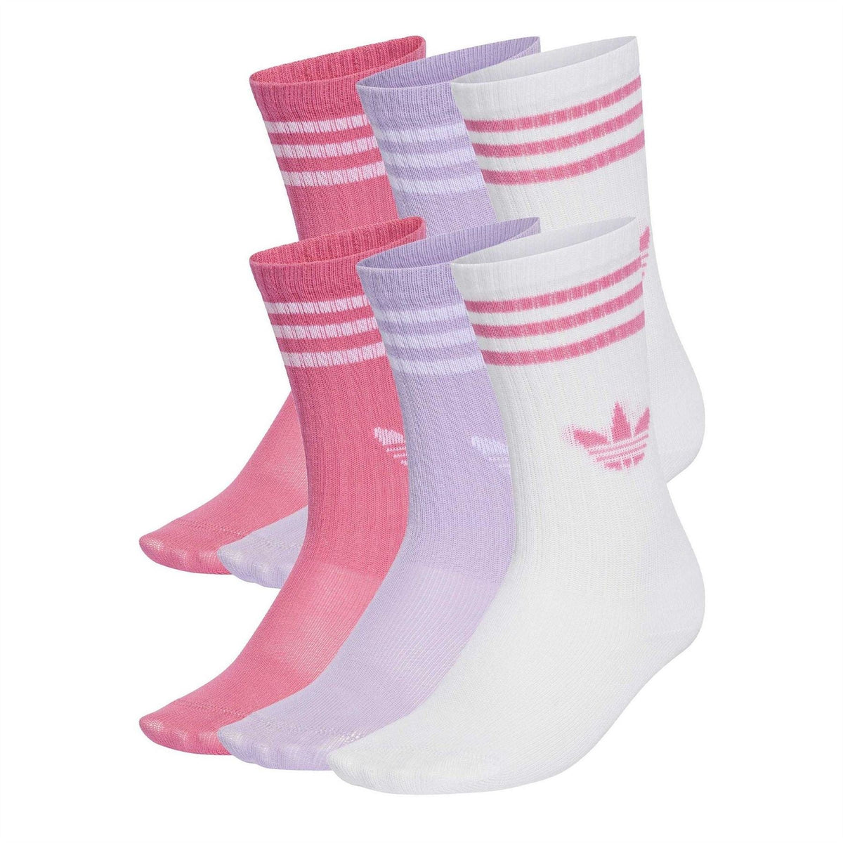 Set of crew socks: pink, lavender, and white with adidas logo and striped bands.