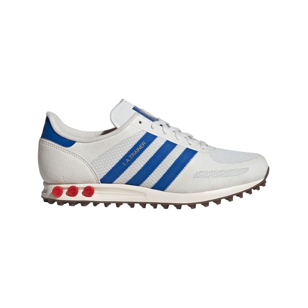 adidas Originals LA Trainer sneakers in white with blue stripes and red studs