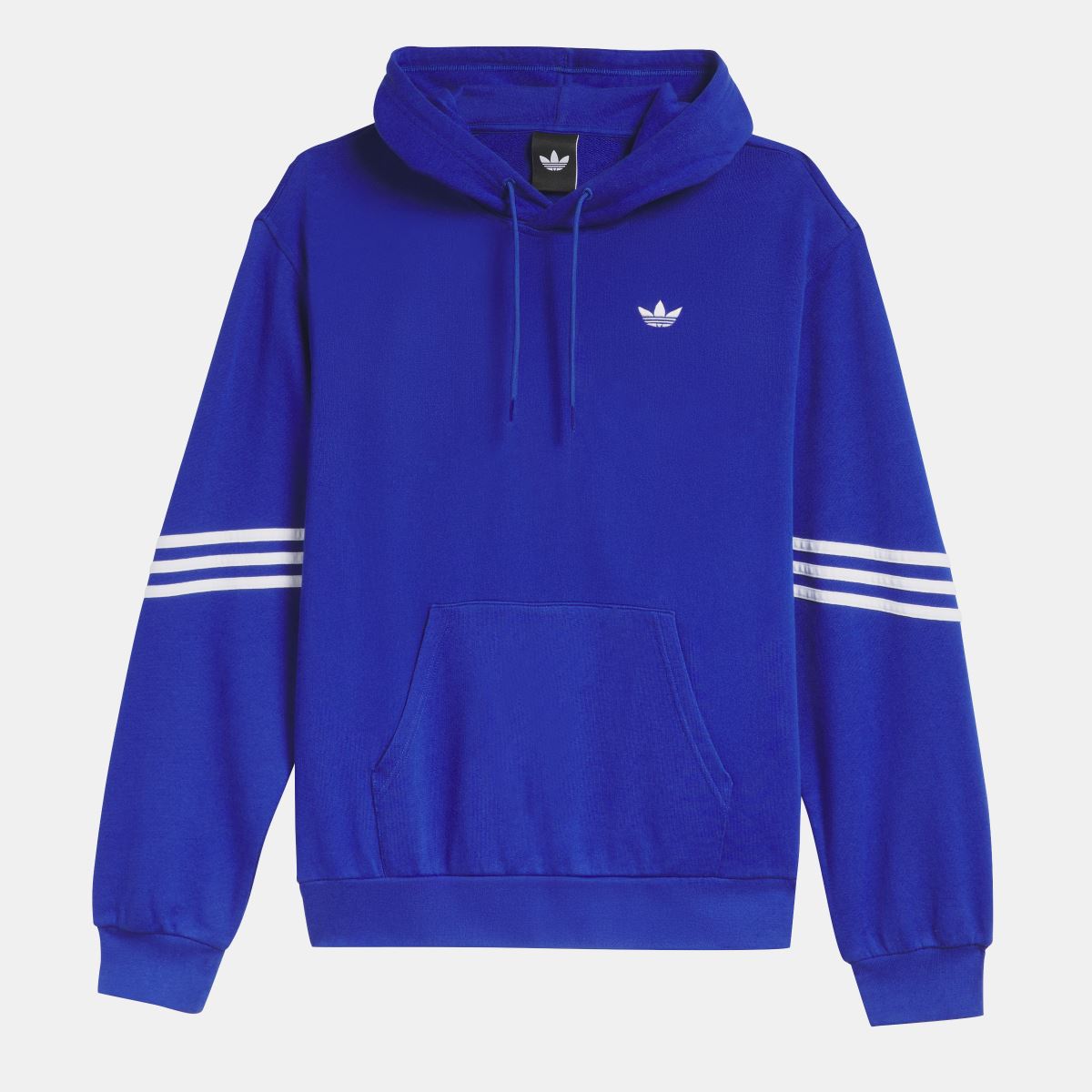 Blue adidas Originals skate hoodie with front pocket, drawstring hood, and white logo.