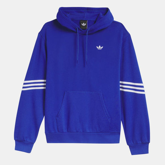 Blue adidas Originals skate hoodie with front pocket, drawstring hood, and white logo.
