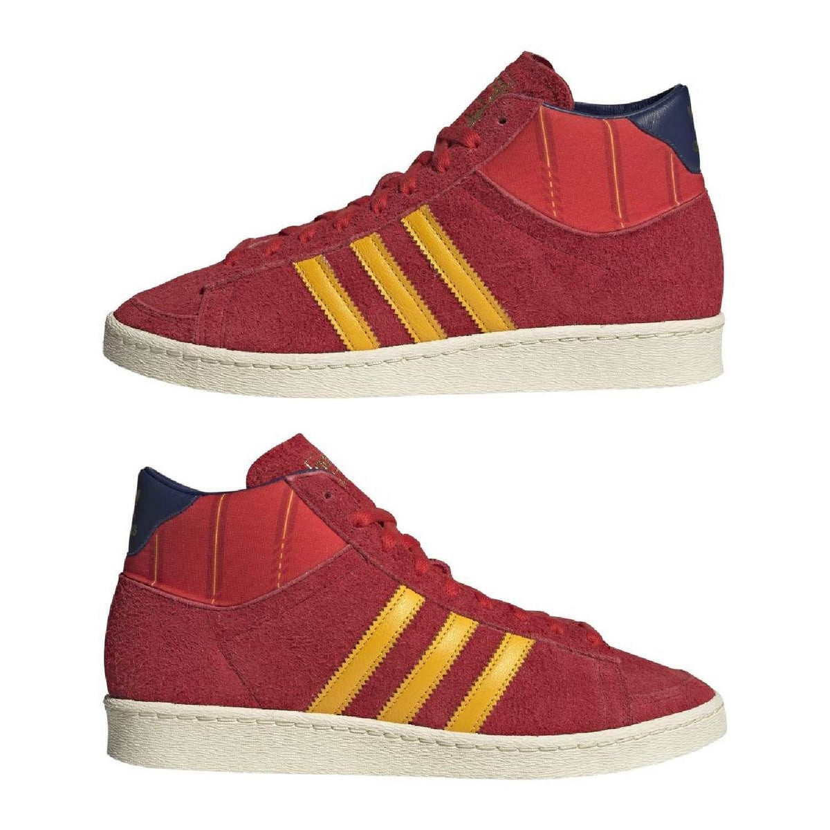 Pair of burgundy suede high-top sneakers with navy collars, yellow triple stripes, white midsoles