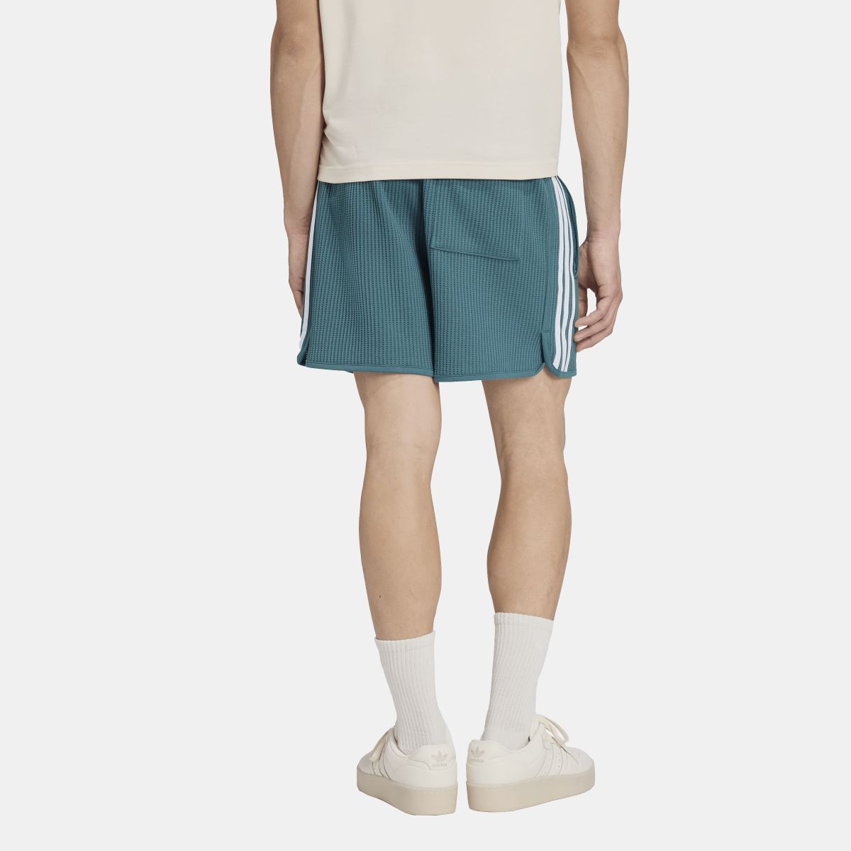 adidas Originals waffle knit sprinter shorts, teal-green with back 3-stripe taping