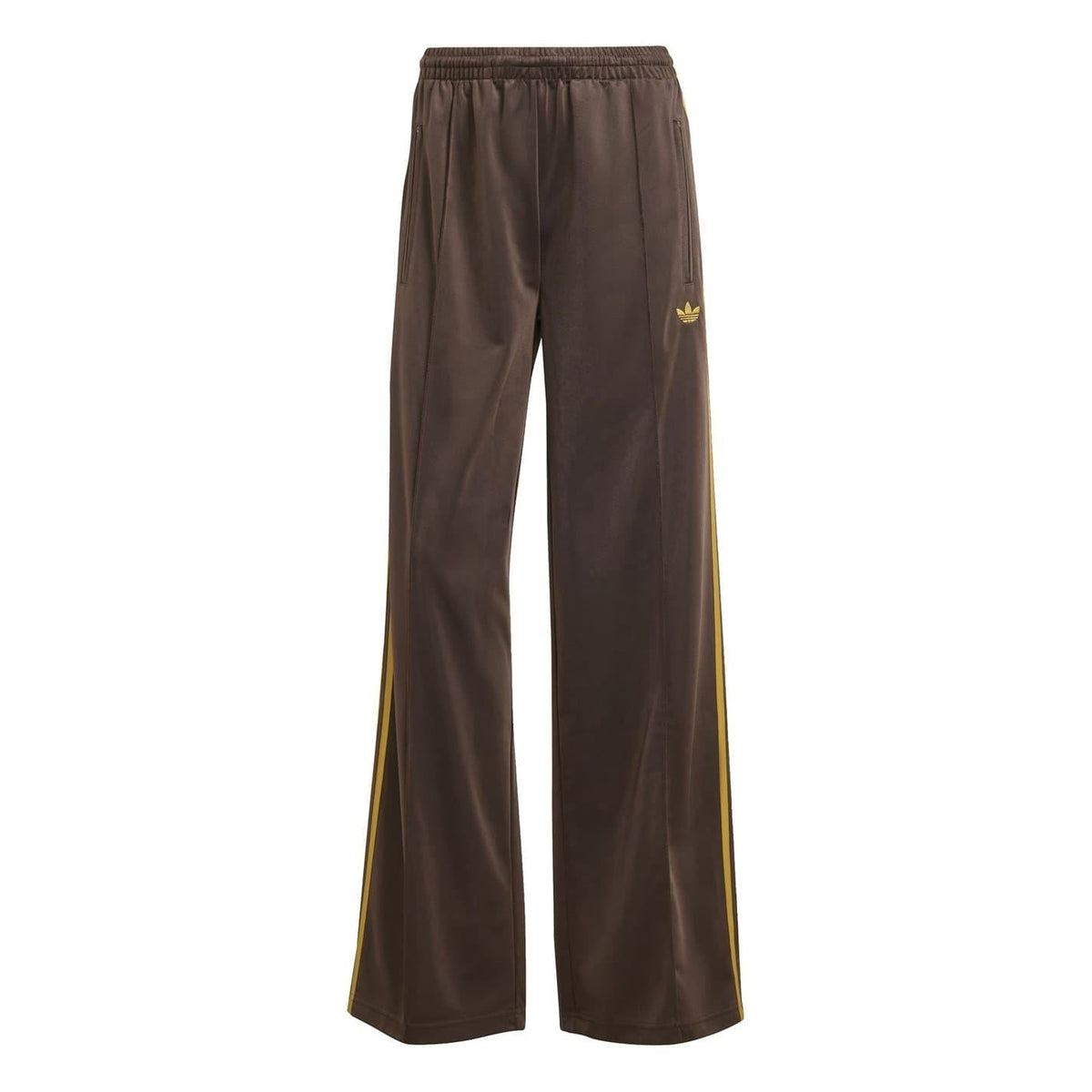 adidas Originals loose brown track pants with gold side stripe and elastic waistband