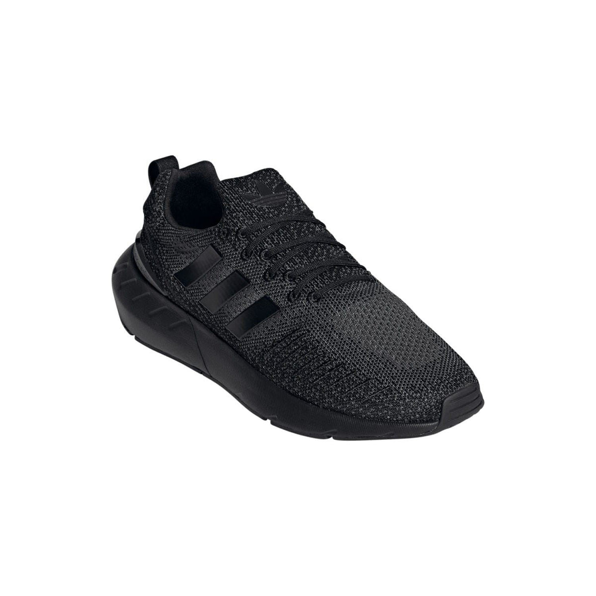 Black trainers, mesh-like knit upper with lace-up closure and low profile sole